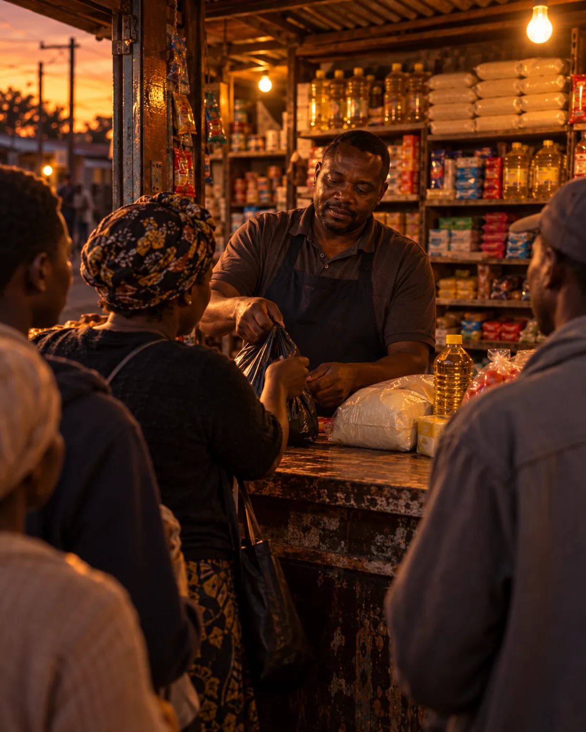A grocery shop owner behind a busy counter at dusk serves a customer while others wait, shelves of groceries lit behind him