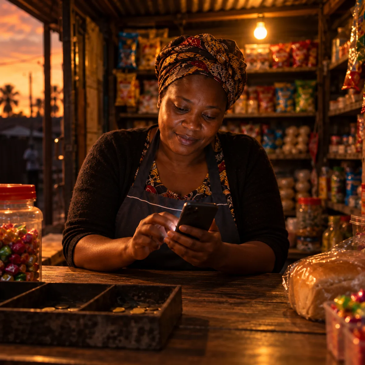 A shop owner leans on her counter at dusk and types a WhatsApp message on her phone