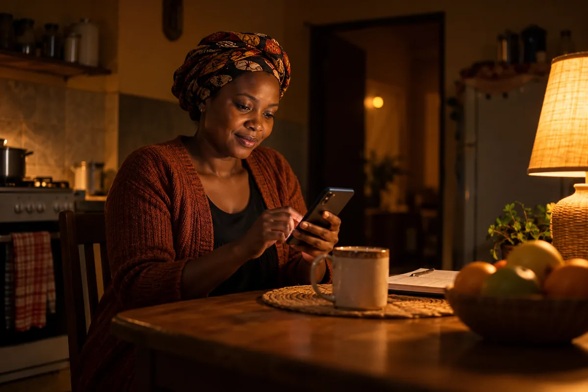 A woman at home pays a bill from her phone in the evening