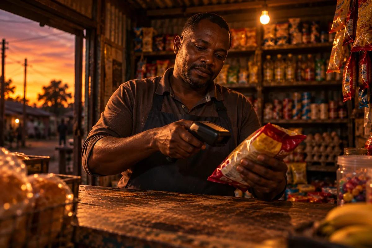 A tuckshop owner scans a product barcode at the till on a handheld terminal