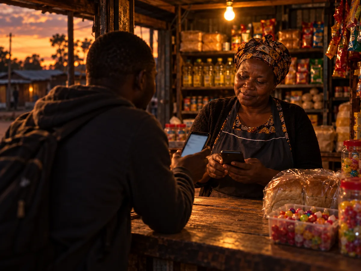 A shopkeeper at a tuckshop counter tops up a customer's phone with airtime from the Xash app