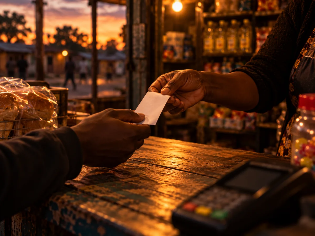 A customer takes a printed ZESA token receipt across a shop counter