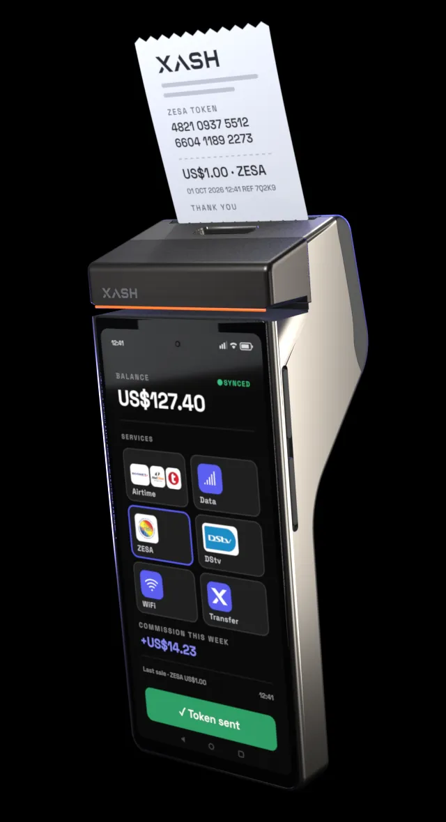 The Xash agent app after a ZESA sale: balance US$127.40, commission this week +US$14.23, and the printed token receipt